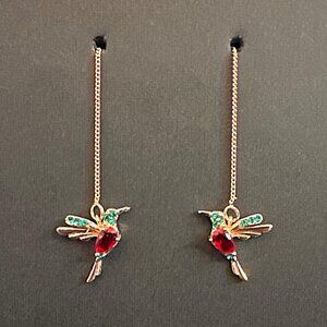 Hummingbird Threader Earrings 925 Sterling Silver With Red & Green Stones For Wo